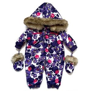 Juicy Couture Purple & Pink Floral Winter Suit Baby Hooded Snowsuit Faux Fur